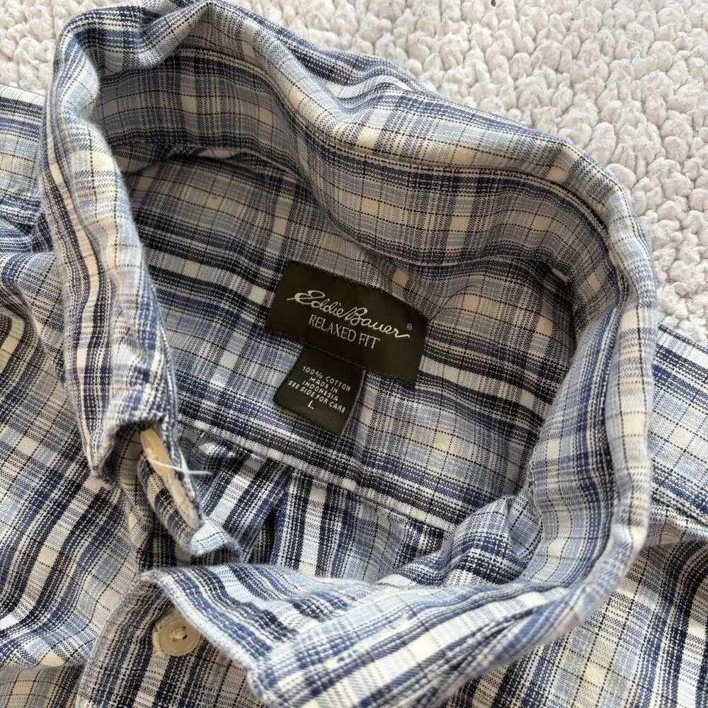 Eddie Bauer Mens Relaxed Fit Plaid Button‎ Down Shirt Blue 100% Cotton Size L